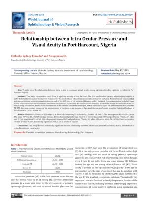 Relationship Between Intra Ocular Pressure and Visual Acuity in Port Harcourt, Nigeria