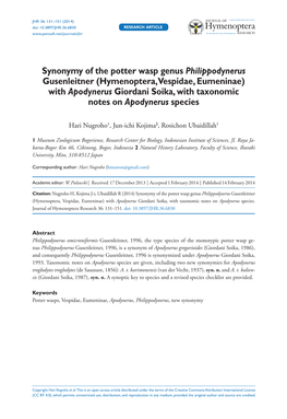 Hymenoptera, Vespidae, Eumeninae) with Apodynerus Giordani Soika, with Taxonomic Notes on Apodynerus Species