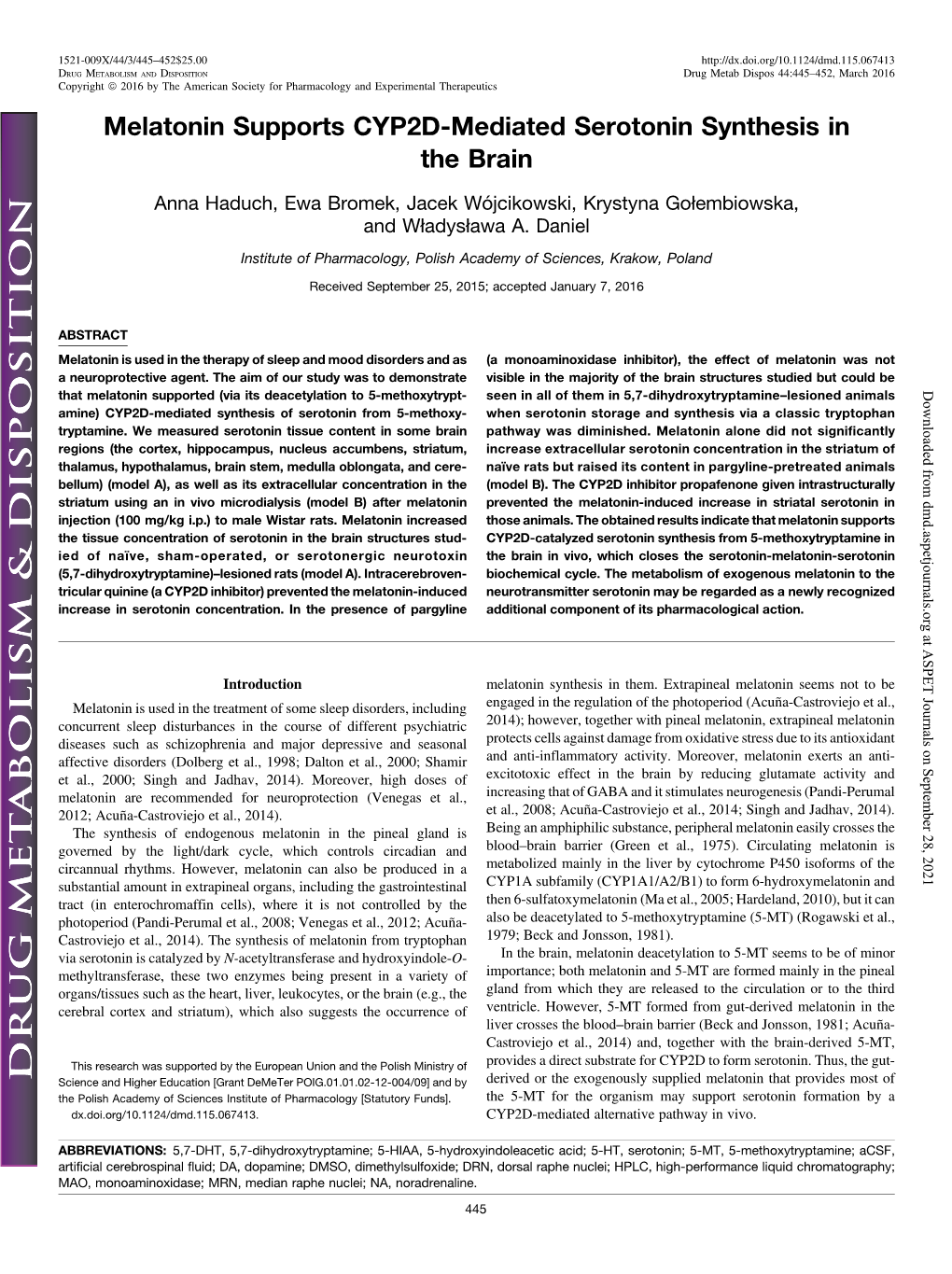 Melatonin Supports CYP2D-Mediated Serotonin Synthesis in the Brain