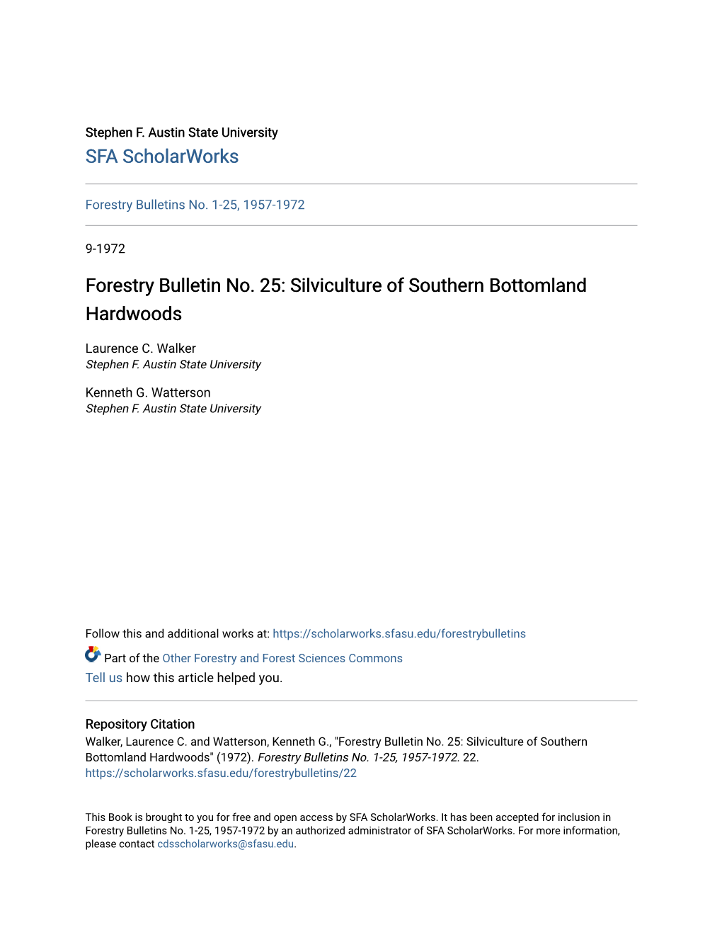 Forestry Bulletin No. 25: Silviculture of Southern Bottomland Hardwoods