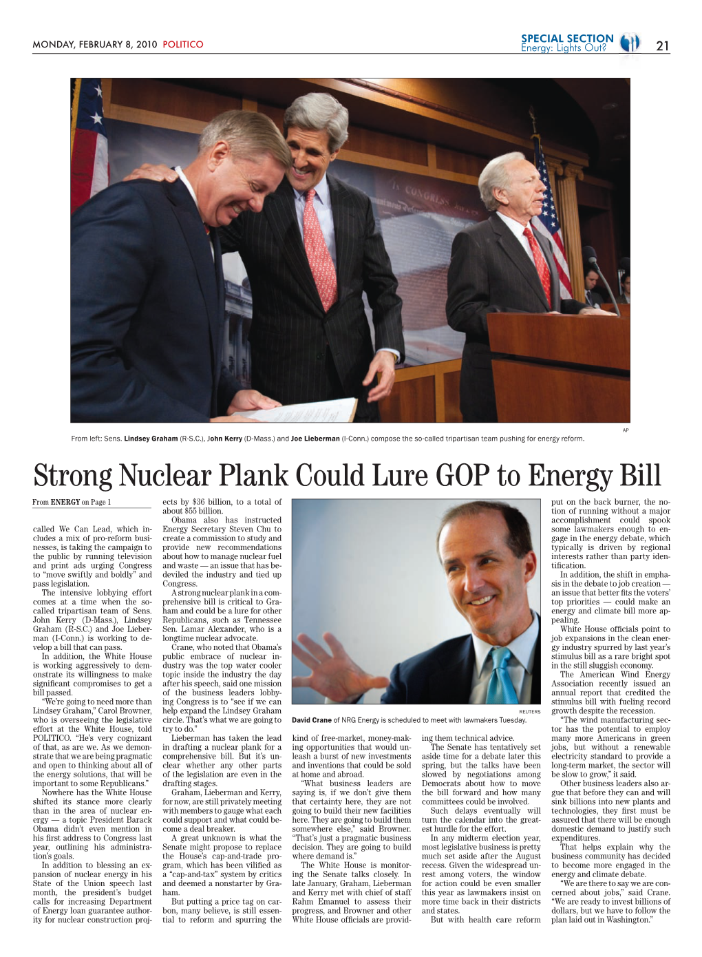 Strong Nuclear Plank Could Lure GOP to Energy Bill from Energy on Page 1 Ects by $36 Billion, to a Total of Put on the Back Burner, the No- About $55 Billion
