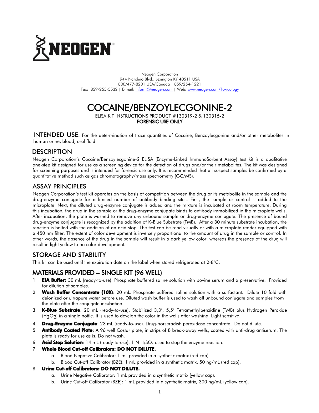 Cocaine/Benzoylecgonine-2 Elisa Kit Instructions Product #130319-2 & 130315-2 Forensic Use Only