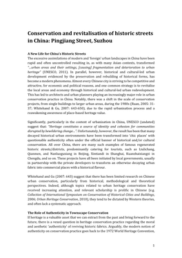 Conservation and Revitalisation of Historic Streets in China: Pingjiang Street, Suzhou
