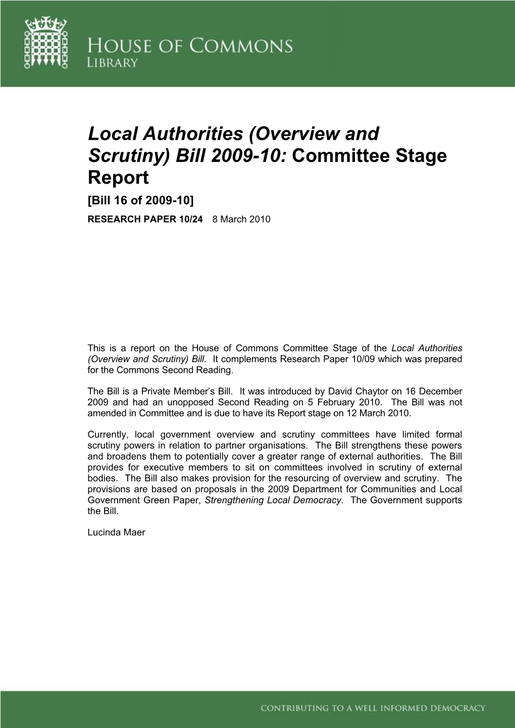 (Overview and Scrutiny) Bill 2009-10: Committee Stage Report [Bill 16 of 2009-10] RESEARCH PAPER 10/24 8 March 2010