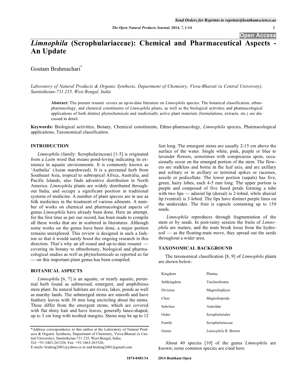 Limnophila (Scrophulariaceae): Chemical and Pharmaceutical Aspects - an Update