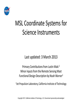 MSL Coordinate Systems for Science Instruments