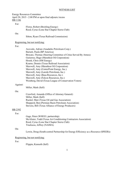 WITNESS LIST Energy Resources Committee April 20, 2015