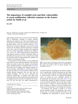 The Importance of Serpulid Reefs and Their Vulnerability to Ocean Acidiﬁcation: Editorial Comment on the Feature Article by Smith Et Al