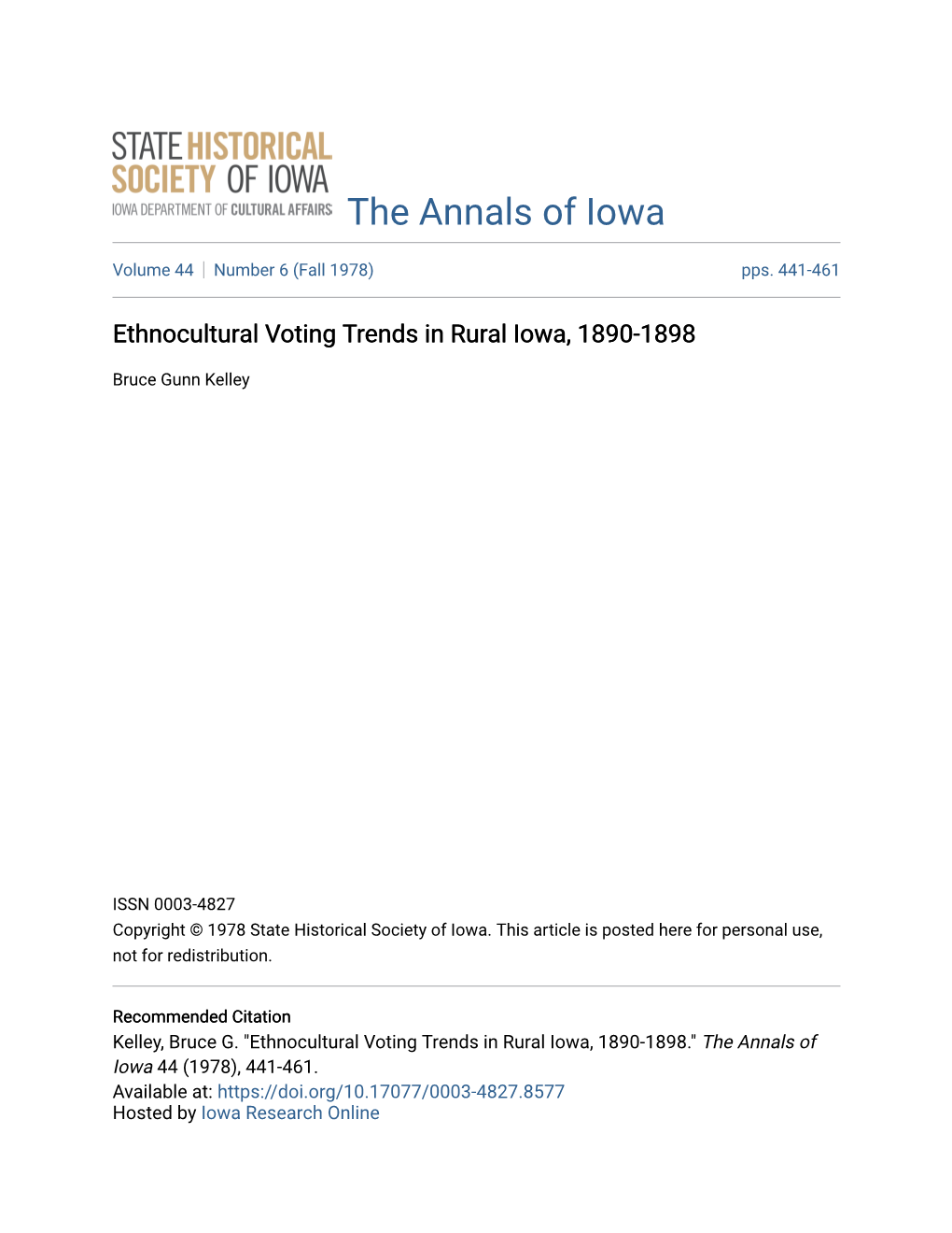 Ethnocultural Voting Trends in Rural Iowa, 1890-1898