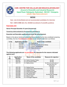 CSIR- CENTRE for CELLULAR and MOLECULAR BIOLOGY (Council of Scientific and Industrial Research) Uppal Road, Habsiguda, Hyderabad - 500 007, Telangana