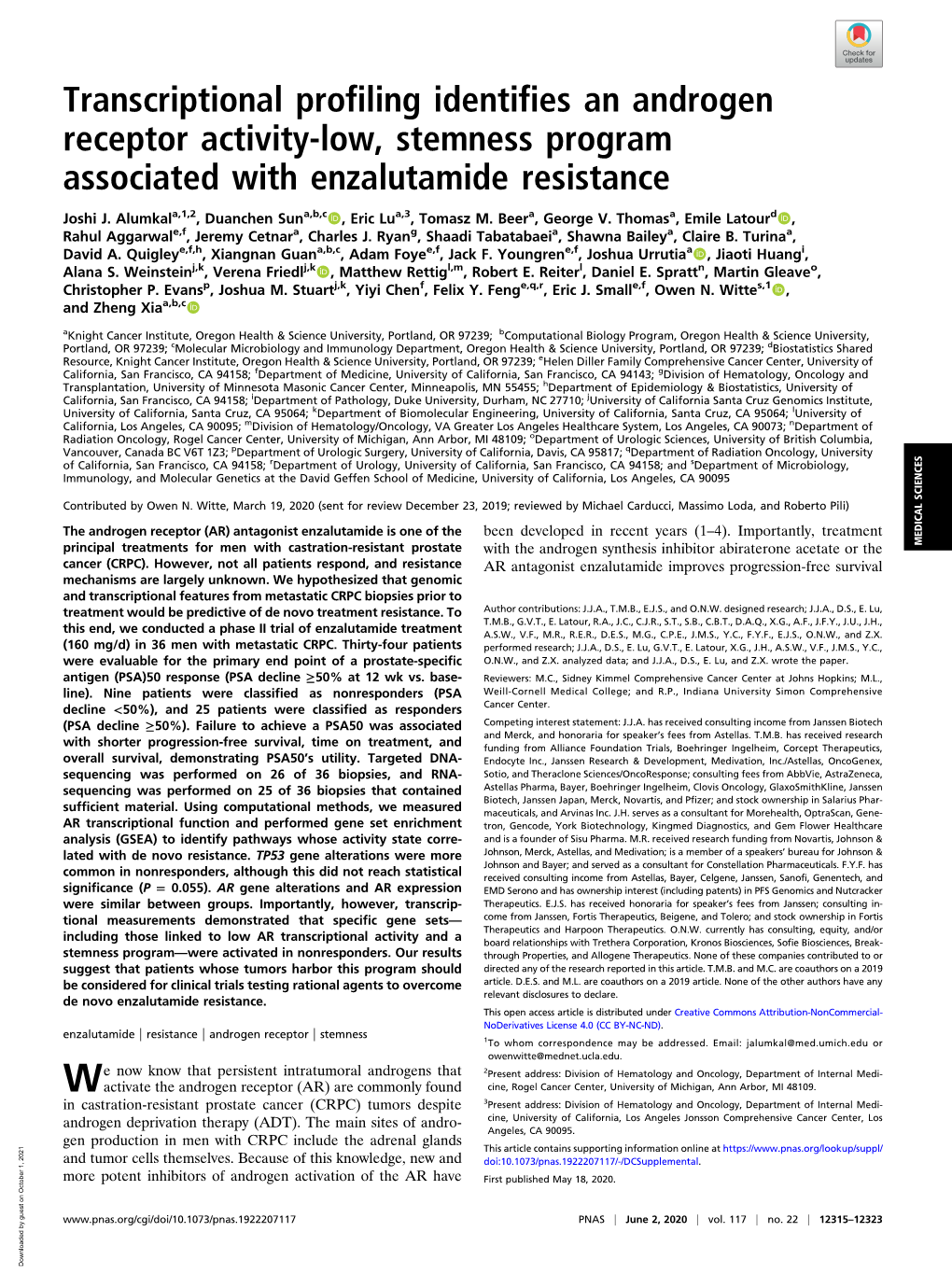 Transcriptional Profiling Identifies an Androgen Receptor Activity-Low, Stemness Program Associated with Enzalutamide Resistance
