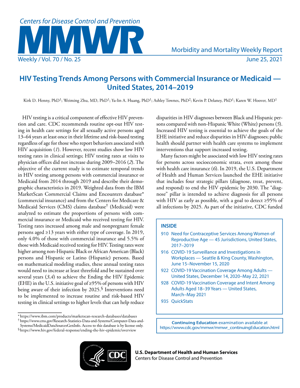 MMWR, Volume 70, Issue 25 — June 25, 2021