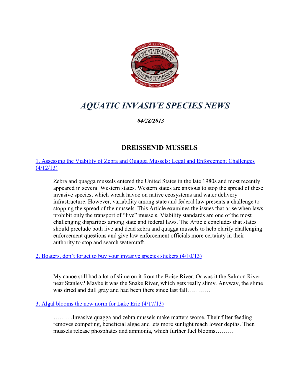 Aquatic Invasive Species News