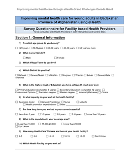 Survey Questionnaire for Facility Based Health Providers to Be Conducted with Health Providers in Both Intervention and Control Sites