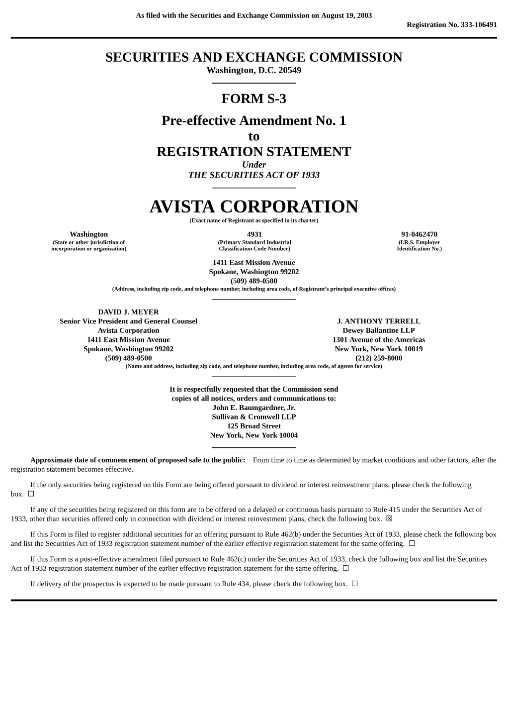 150000000 AVISTA CORPORATION Debt Securities