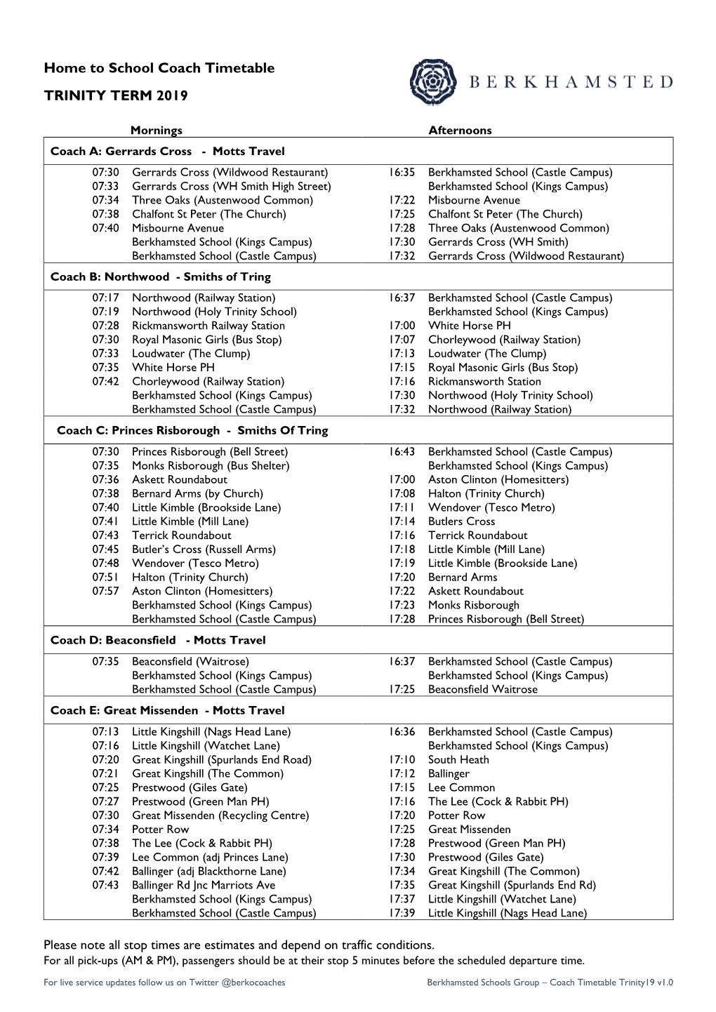 Home to School Coach Timetable TRINITY TERM 2019