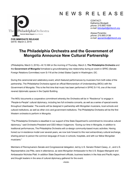 The Philadelphia Orchestra and the Government of Mongolia Announce New Cultural Partnership