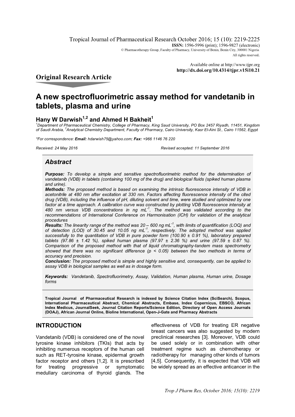 A New Spectrofluorimetric Assay Method for Vandetanib in Tablets, Plasma and Urine