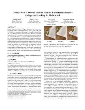 Indoor Scene Characterization for Hologram Stability in Mobile AR