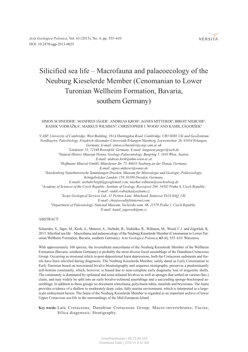 Macrofauna and Palaeoecology of the Neuburg Kieselerde Member (Cenomanian to Lower Turonian Wellheim Formation, Bavaria, Southern Germany)