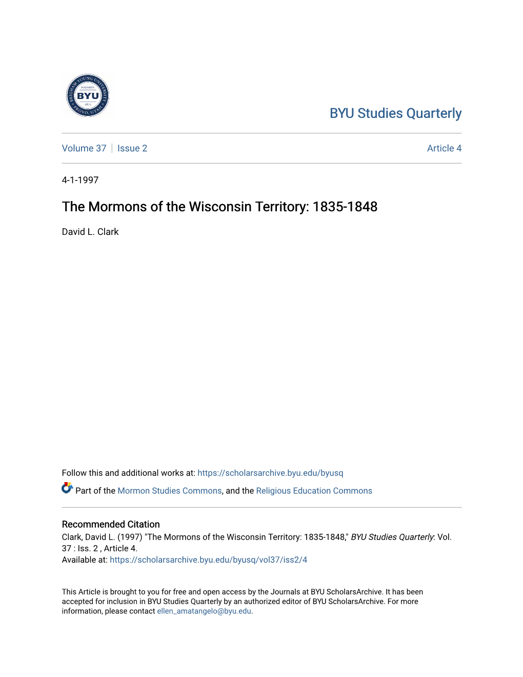 The Mormons of the Wisconsin Territory: 1835-1848
