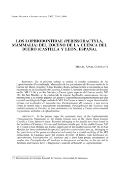 Los Lophiodontidae (Perissodactyla, Mammalia) Del Eoceno De La Cuenca Del Duero (Castilla Y León, España)