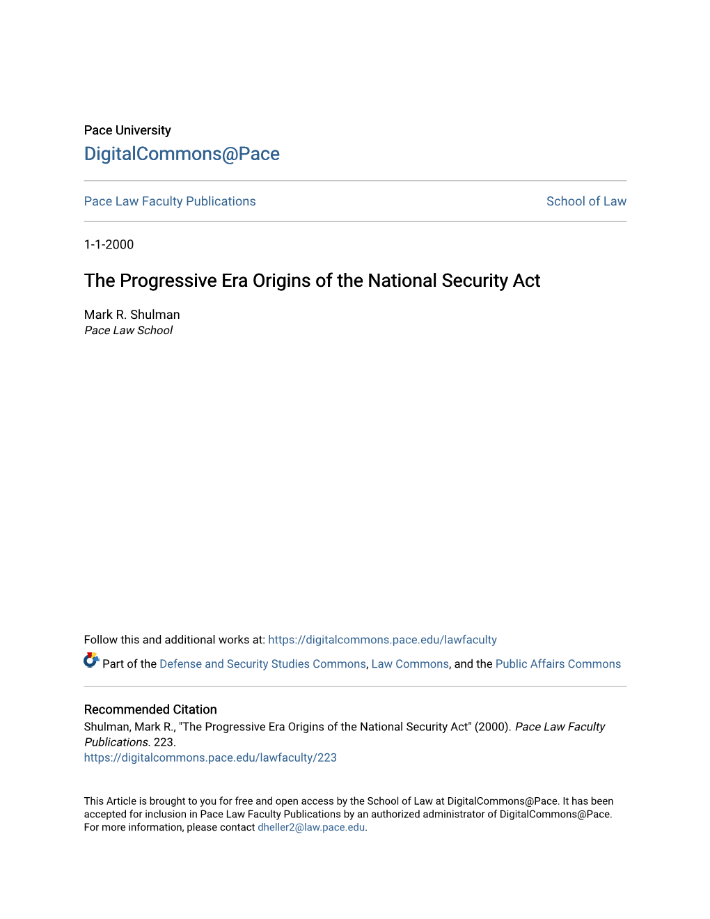 The Progressive Era Origins of the National Security Act