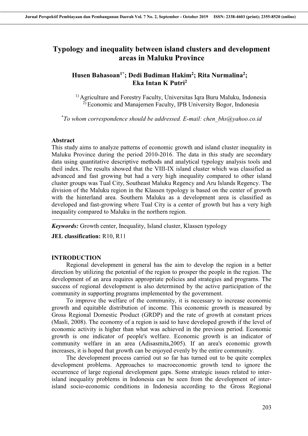 Typology and Inequality Between Island Clusters and Development Areas in Maluku Province