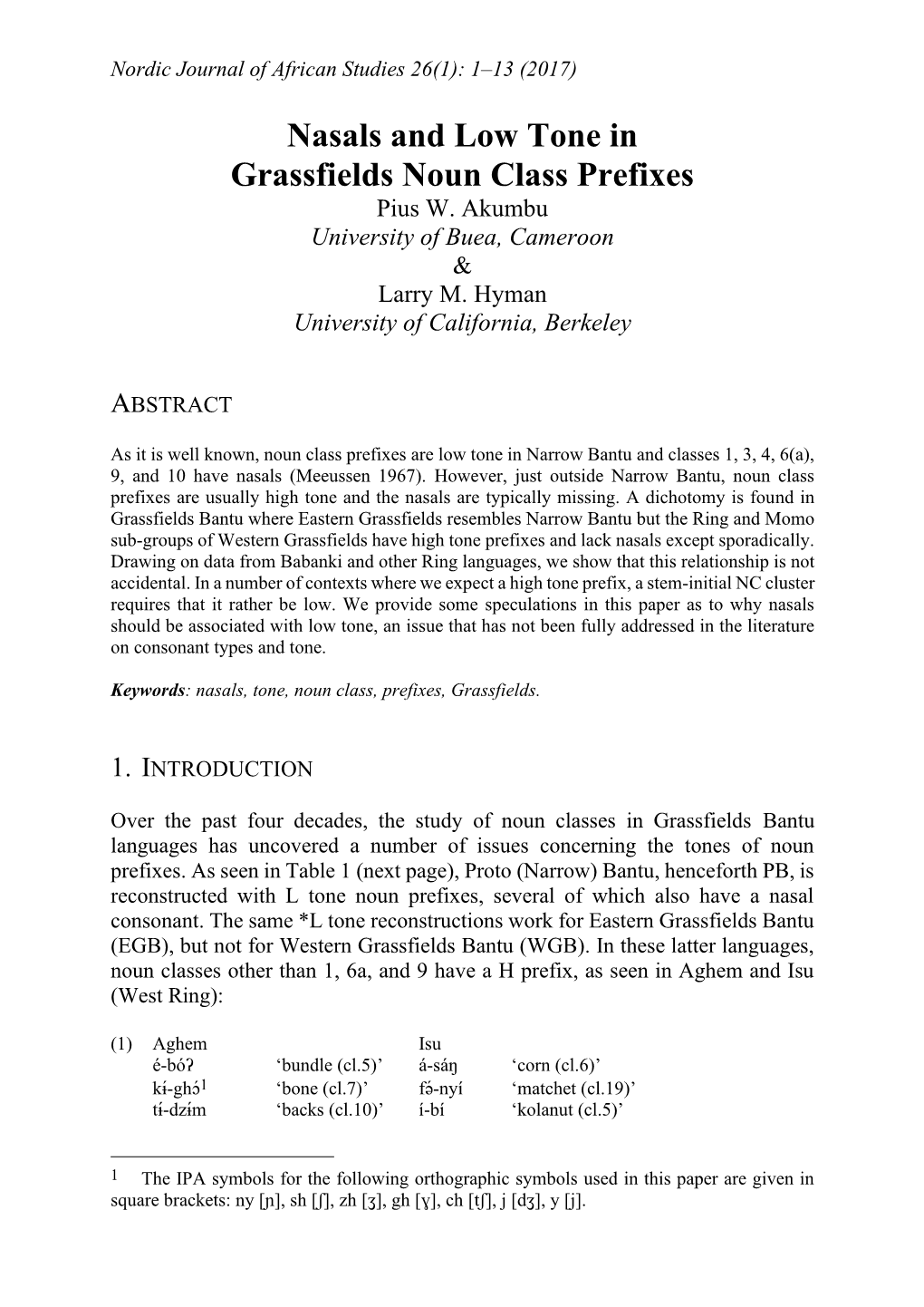 Nasals and Low Tone in Grassfields Noun Class Prefixes Pius W