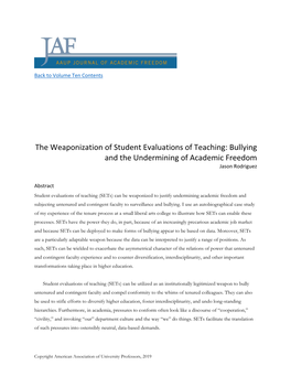 The Weaponization of Student Evaluations of Teaching: Bullying and the Undermining of Academic Freedom Jason Rodriguez