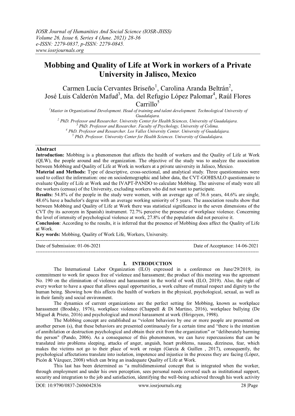 Mobbing and Quality of Life at Work in Workers of a Private University in Jalisco, Mexico