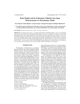 Body Height and Its Estimation Utilizing Arm Span Measurements in Macedonian Adults