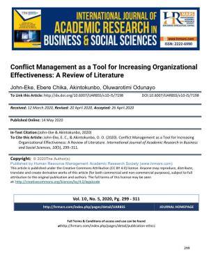 Conflict Management As a Tool for Increasing Organizational Effectiveness: a Review of Literature