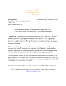 Andrea Summers for IMMEDIATE RELEASE: 5/30/18 Central Ohio Leadership Academy, 501(C)3 614-542-4102 Andrea.Summers@Escco.Org