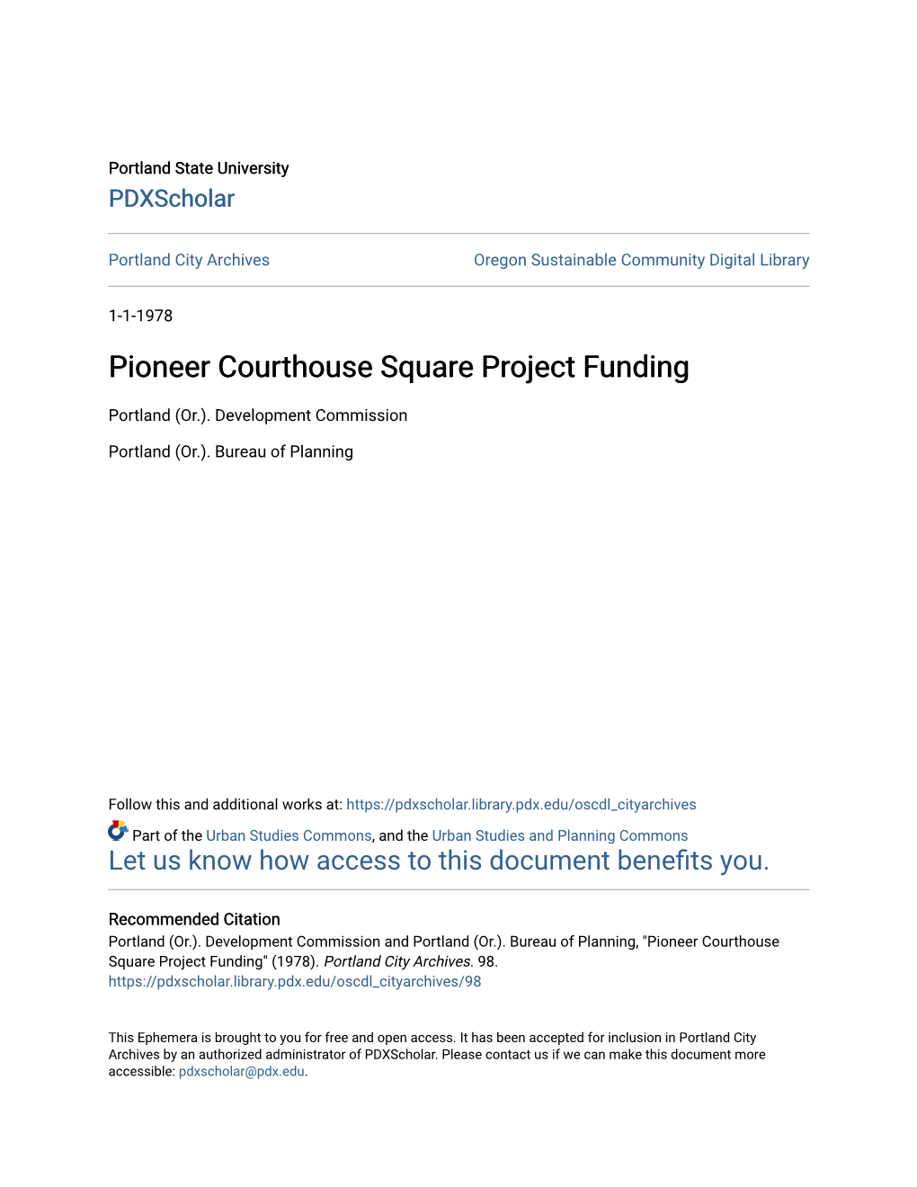 Pioneer Courthouse Square Project Funding