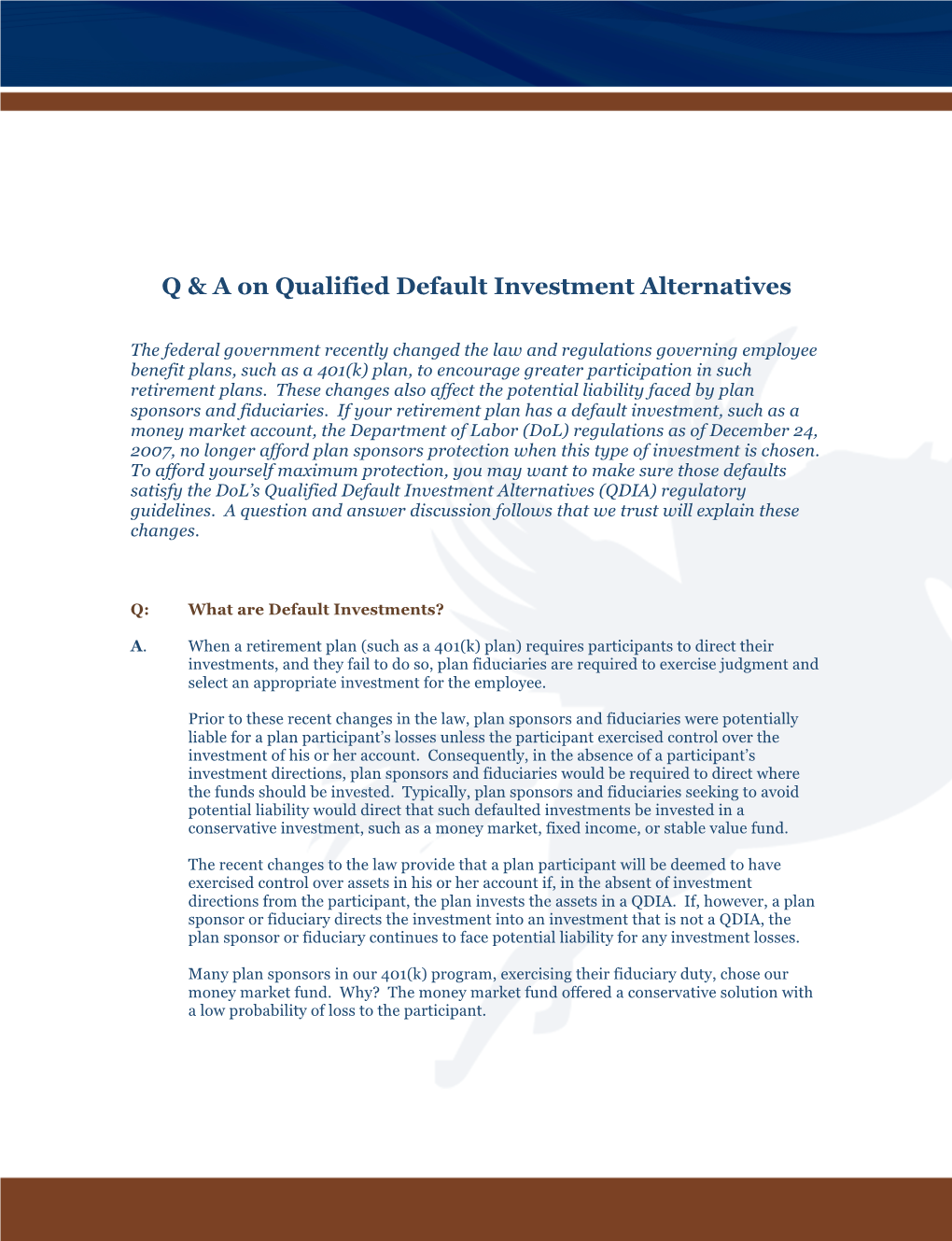 Q & a on Qualified Default Investment Alternatives