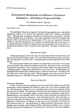 Chromosome Morphology and Meiosis in Zonocerus Variegatus L. (Orthoptera, Pyrgomorphidae)