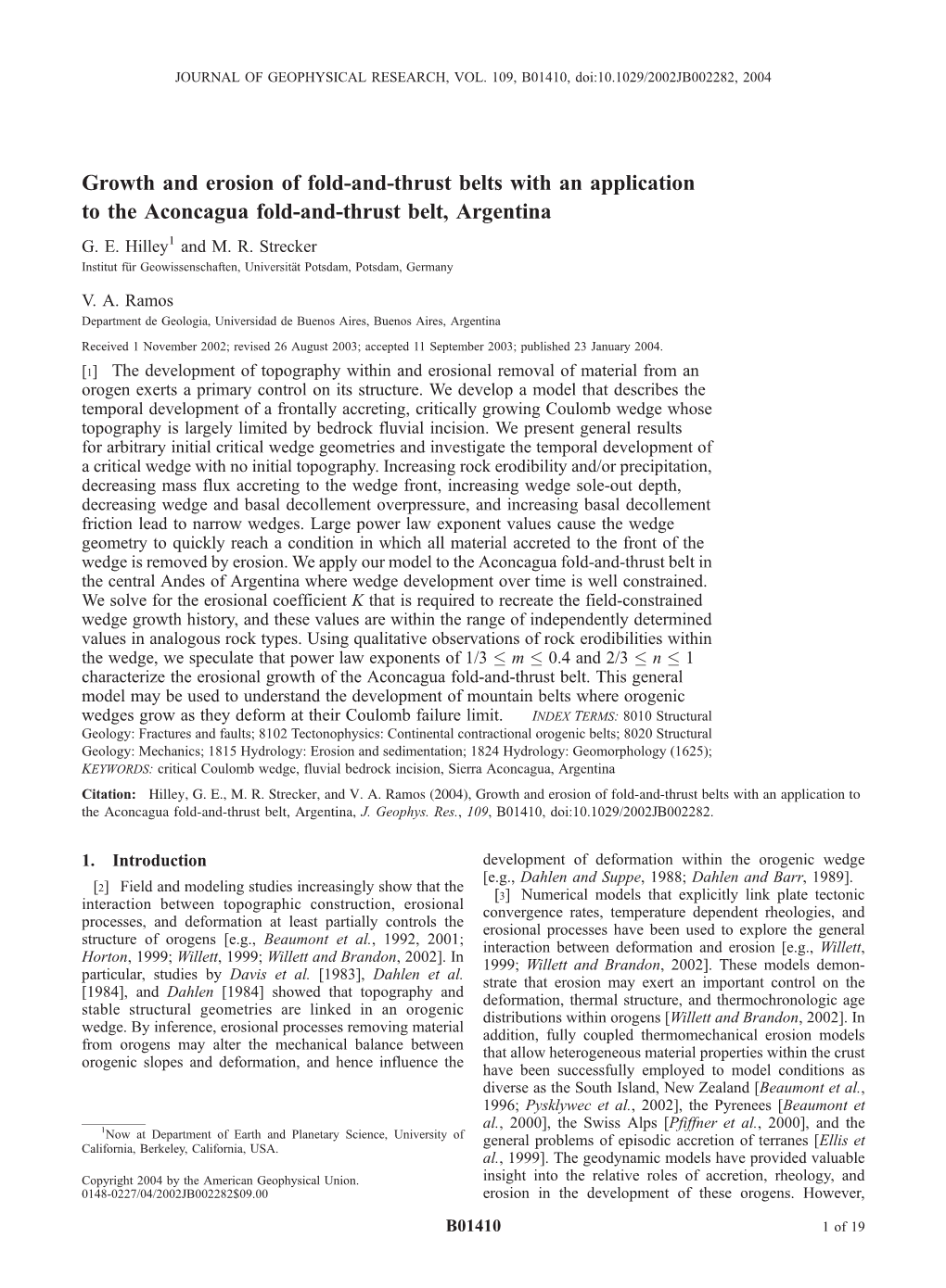 Growth and Erosion of Fold-And-Thrust Belts with an Application to the Aconcagua Fold-And-Thrust Belt, Argentina G