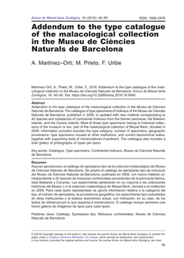 Addendum to the Type Catalogue of the Malacological Collection in the Museu De Ciències Naturals De Barcelona