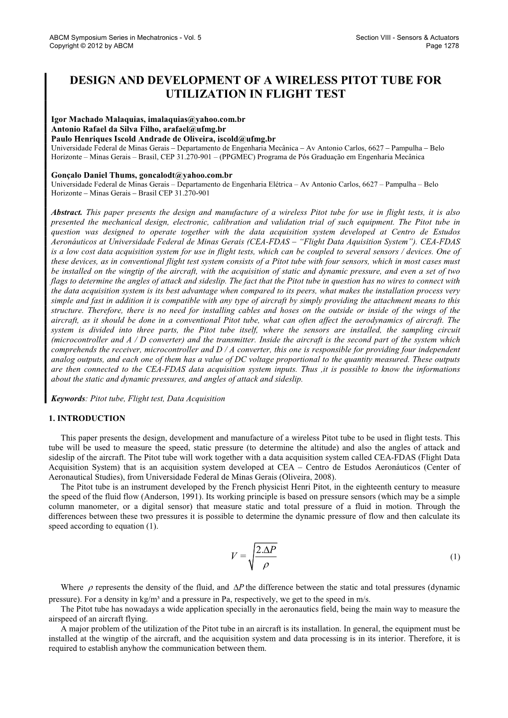 Design and Development of a Wireless Pitot Tube for Utilization in Flight Test