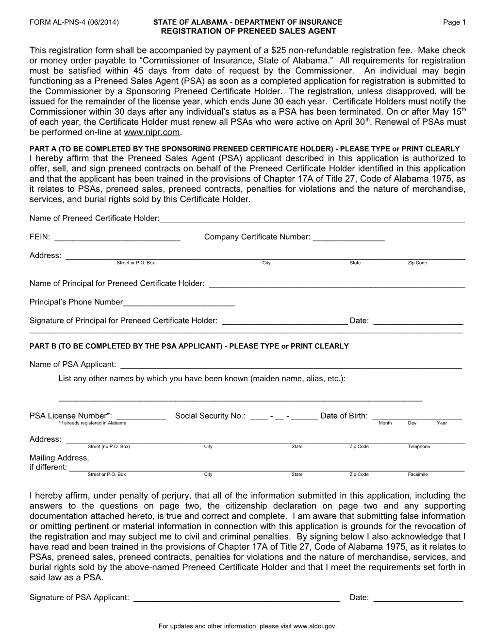 FORM AL-PNS-4 (06/2014) STATE of ALABAMA DEPARTMENT of INSURANCE Page 1