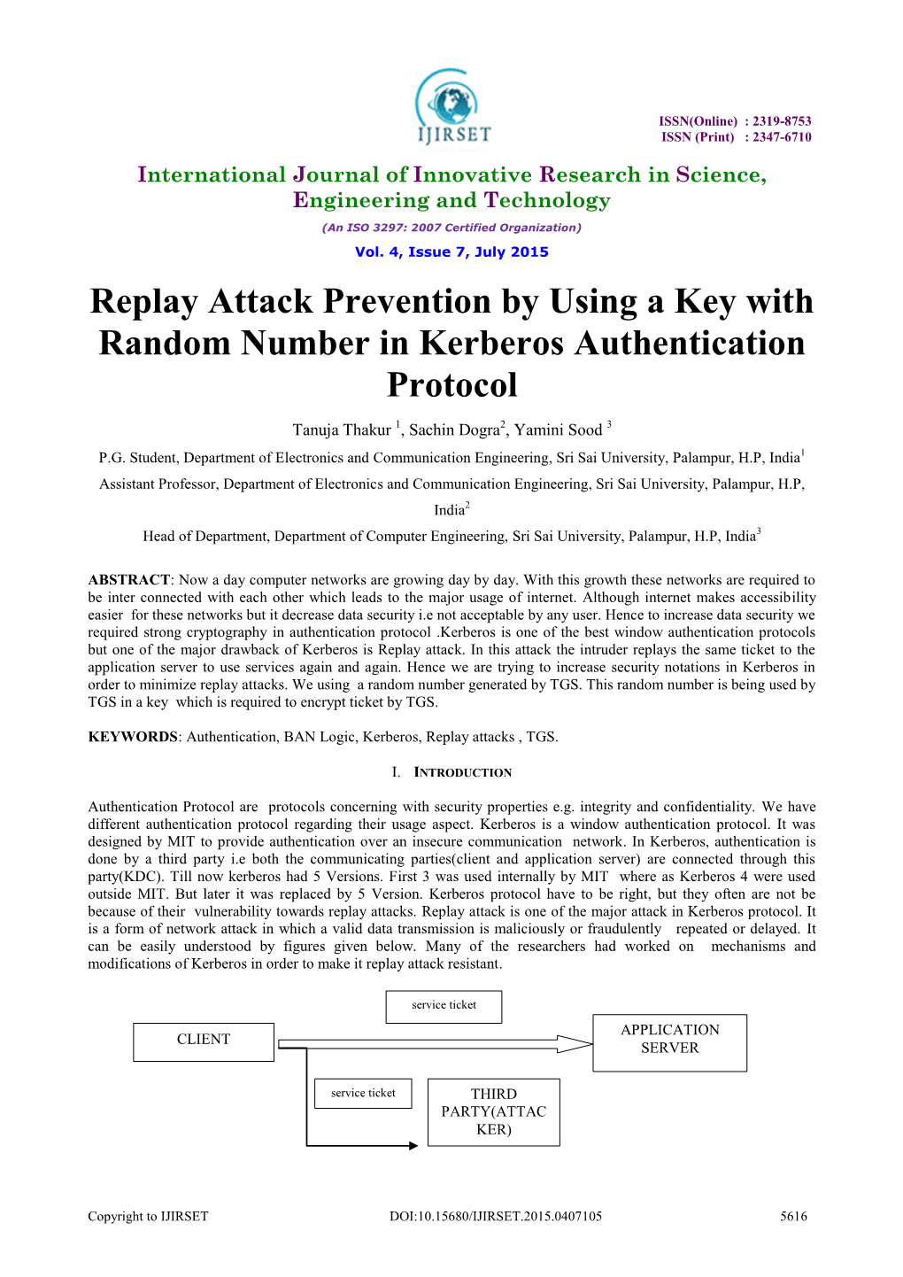 Replay Attack Prevention by Using a Key with Random Number in Kerberos Authentication Protocol