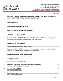 Township of Asphodel-Norwood Council Meeting Agenda Tuesday April 27, 2021 | 1:00 P.M