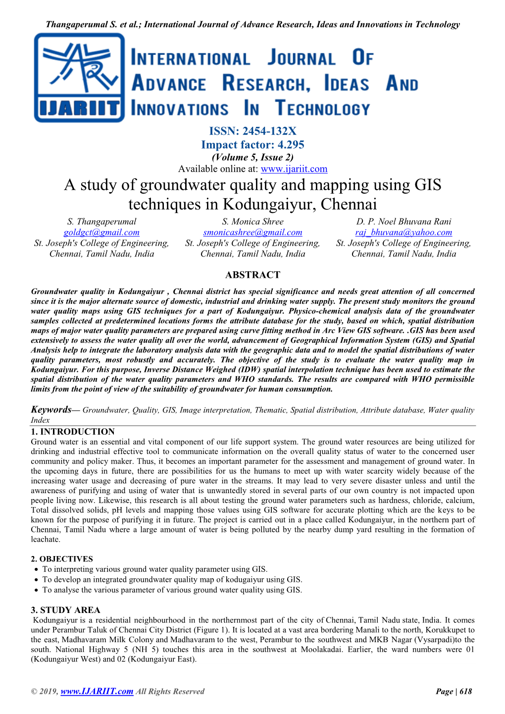 A Study of Groundwater Quality and Mapping Using GIS Techniques in Kodungaiyur, Chennai S