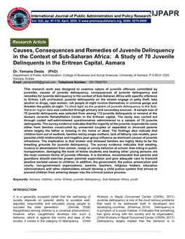 Causes, Consequences and Remedies of Juvenile Delinquency in the Context of Sub-Saharan Africa: a Study of 70 Juvenile Delinquents in the Eritrean Capital, Asmara
