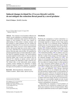 Induced Changes in Island Fox (Urocyon Littoralis) Activity Do Not Mitigate the Extinction Threat Posed by a Novel Predator