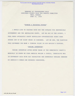 Remarks of Congressman Dole Doniphan County Dole for Senate Committee Troy, Kansas June 16, 1968