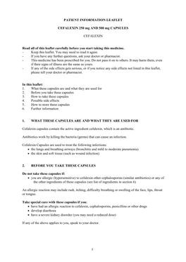 PATIENT INFORMATION LEAFLET CEFALEXIN 250 Mg and 500 Mg