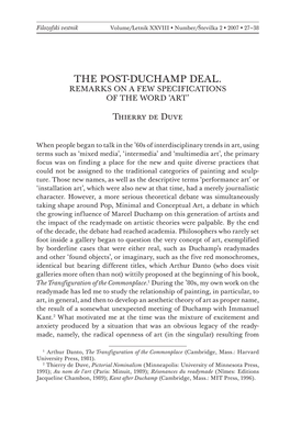 The Post-Duchamp Deal. Remarks on a Few Specifications of the Word ‘Art’