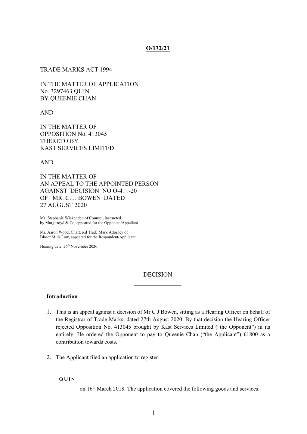 Trade Mark Appeals Decision O/132/21